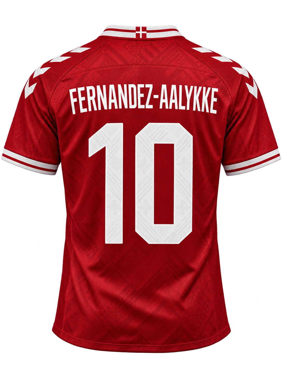 Rød dansk landsholdsinspireret fodboldtrøje med Fernandez-Aalykke og nummer 10